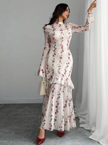 Damen elegantes, sexy französisches romantisches Kleid mit Rüschen-Blumen-Ärmeln, doppelter Lage und asymmetrischer Rüschenborte