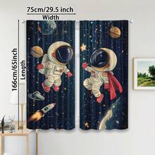 2 piezas Cortinas con estampado de astronauta, tela de poliéster de 100-120g, diseño de bolsillo para barra, estilo moderno, impresión por sublimación de primavera, decoración estacional, sin forro, adecuado para dormitorio, sala de estar - Multicolor - Ver 4