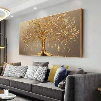 1 幅无框金树帆布墙画 - 现代抽象风景画，带有花卉装饰，非常适合客厅和卧室装饰、家居装饰