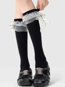 1 Pair Women's Cute Bow & Polka Dot Long Socks, Sweet Style Mid-Calf Length Stockings, Suitable For Spring & Autumn