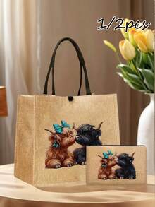 Adorable Highland Cow Printed Tote Bag, Large Capacity Tote Bag,Tote Bag And Makeup Pouch Set,Lightweight Large Capacity Tote Bag, Reusable Burlap Shopping Bag, Portable Travel Beach Bag With Makeup Bag, Travel Handbag For Holiday Vacation Weekend Getaway Short Trip,Personalized Birthday Gifts Present For Friend Her,Suitable For Weddings,Birthdays,Beaches,Holidays, Anniversary, Best Gift For Mother's Day