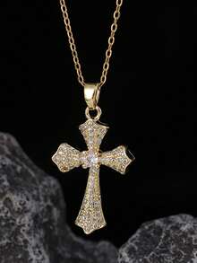 1pc Men Copper Inlaid Cubic Zirconia Cross Pendant Necklace, Versatile Daily Accessory - Yellow Gold - View 16