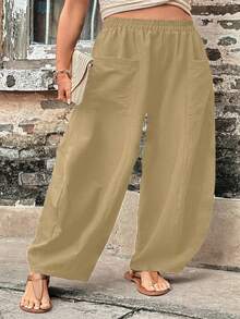 Plus Size Women's Relaxed Fit Elastic Waist Casual Wide Leg Pants, Versatile For Vacation And Daily Wear In Spring & Summer - Apricot - View 2