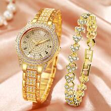 1 chiếc đồng hồ thạch anh mặt tròn đính đá pha lê vàng cho nữ, dây đeo bằng hợp kim kẽm quyến rũ và 1 chiếc vòng tay xích, làm quà tặng ngày lễ - Vàng - Xem 1