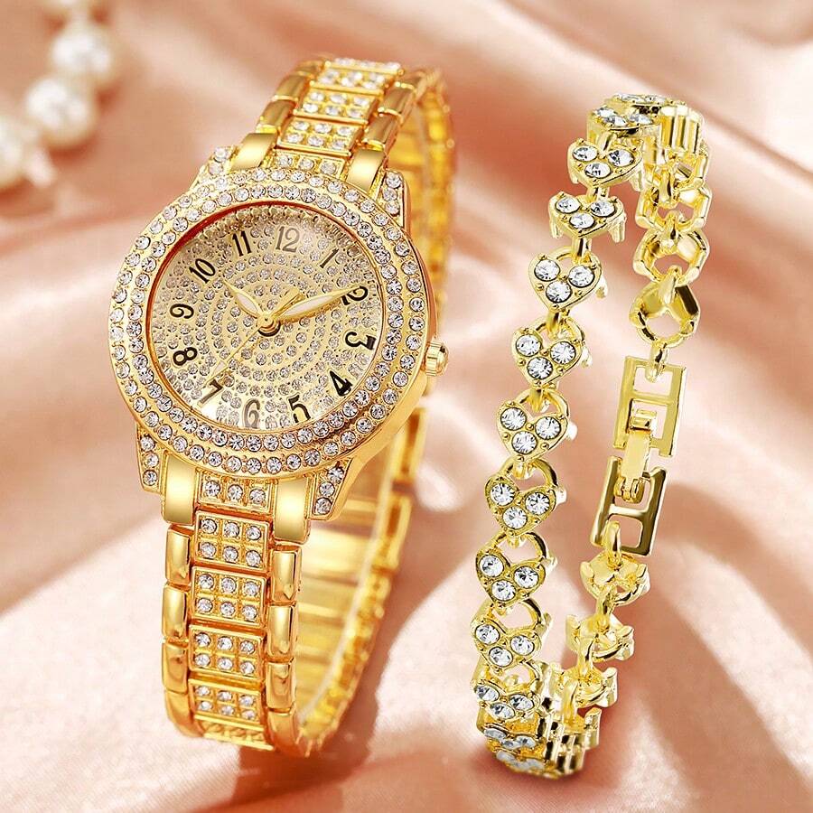 1 chiếc đồng hồ thạch anh mặt tròn đính đá pha lê vàng cho nữ, dây đeo bằng hợp kim kẽm quyến rũ và 1 chiếc vòng tay xích, làm quà tặng ngày lễ - Vàng - Xem 1
