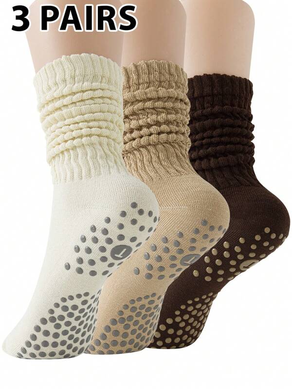 3 Pairs Women Plain Multifunctional Non-Slip Sport Socks, Casual Minimalist Design, Suitable For All Seasons, Outdoor Sports And Pilates, Yoga, Ballet Leisure Socks, Daily Wear And Workout Including Grip Socks, Suitable As Gift