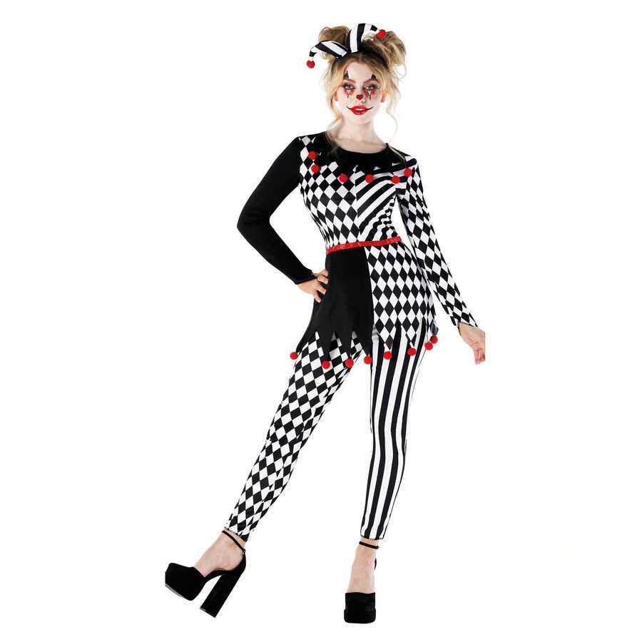 Morph Costumes Scary Women's Jester Costume - Fun Fancy Dress For Halloween Parties, Clown Harlequin Outfit With Jazzy Print & Pompoms - White - View 1