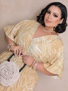 Plus Size Long Dress V Neck Short Sleeve - Nude Estam. - View 2