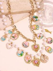 1pc Vintage Elegant Floral Necklace, Multicolor Enamel Alloy Pendant Beaded Necklace For Women, Cute Flower, Shell, Fish, Heart Design For Daily Wear - Multicolor - View 9