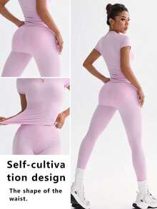 FWH 1. 可爱纯色露脐上衣，弹力修身圆领甜美时尚百搭外套，优雅高腰显瘦休闲收腹日常基础款舞蹈服拉长腿部线条提臀街头跑步瑜伽两件套，春夏款 - 淺粉色 - 查看 2