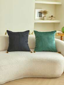 1 件开斋节绿黑天鹅绒面料配金线刺绣装饰抱枕套，手工流苏家居装饰，适合客厅、卧室、派对