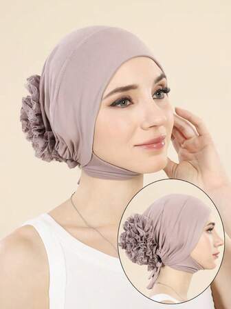 1 件女士纯色抽绳下巴弹力系带蕾丝拼布便帽，内帽，无边小头巾帽子