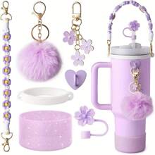 Set de 7 piezas en color rosa, que incluye: asa para botella de agua, funda de silicona compatible con taza de 30oz y 40oz, tapa de silicona para pajita, llavero de , artículos perfectos como regalo para niñas, mujeres y madres, útiles escolares