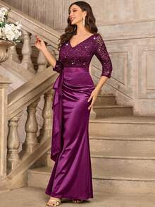 MIUSOL Elegancka sukienka maxi z dekoltem w serek, koronką i cekinami, falbanką i satynowym wykończeniem, rękawami 3/4, na wieczorne przyjęcie - Kasztanowy - Zobacz 7