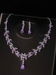 一套女款新娘项链紫钻皇冠耳环耳钉套装婚纱配饰品