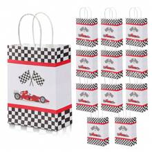 12 Peças Sacolas Quadriculadas para Doces Festa Corrida, Sacolas de Brinde de Festa de Carro de Corrida com Alças, Bandeira de Corrida Quadriculada Preta e Branca, para Festa de Aniversário com Tema de Carro de Corrida