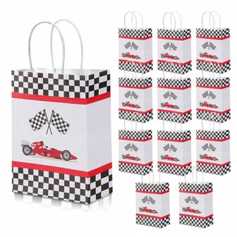 12Pcs Checkered Racing Treat Bags Race Car Party Favors Bag With Handles Black And White Checkered Racing Flag Bags For Race Car Themed Birthday Party