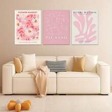 Juego enmarcado de 3 impresiones de arte abstracto de flores en lienzo con estilo de Matisse y Picasso en rosa como decoración de pared para dormitorio de niña, apartamento o sala de estar, creando una atmósfera exclusiva