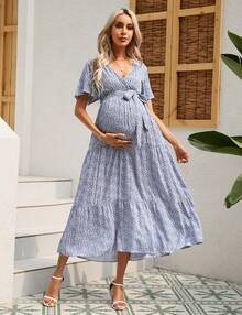 Yesfashion Maternity Dress Women's Summer Maxi Dress V-Neck Photography Dress With Belt - Nhụy hoa màu xanh vàng - Xem 2