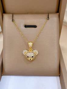 1 套不锈钢熊项链和耳环，全镶水钻奢华微镶嵌个性化宴会珠宝礼物 - 金色 - 查看 2