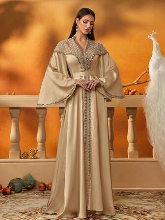 优雅金色刺绣正式卡夫坦连衣裙，带串珠紧身胸衣和喇叭袖，女士长款阿拉伯 Jalabiya 长袍，斋月服装，开斋节长袍，派对卡夫坦，穆斯林晚礼服，长款正式长袍连衣裙，端庄