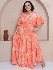 Plus Size Long Dress V Neck Short Sleeve - Orange Estam. - View 4