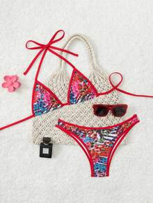 Women's New Summer Beach Vacation Sexy Leopard Contrast Color String Bikini - Multicolor - View 1