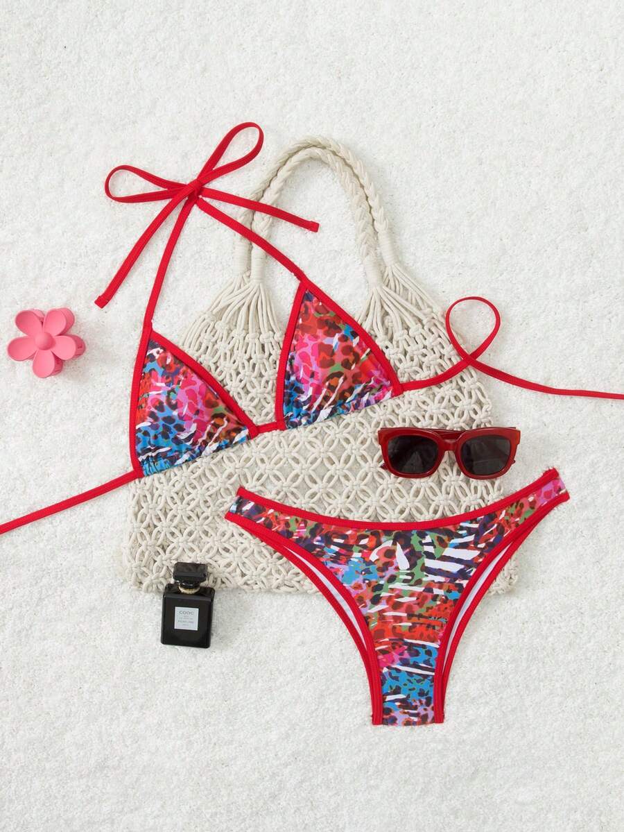 Women's New Summer Beach Vacation Sexy Leopard Contrast Color String Bikini - Multicolor - View 1