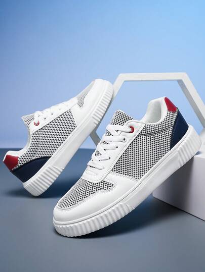 Tênis masculino casual confortável, bico redondo, cano baixo, leve, respirável, atlético, esportivo, moderno, versátil, com blocos de cores, novo estilo 2025