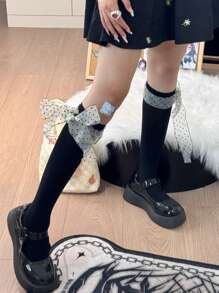 1 Pair Women's Cute Bow & Polka Dot Long Socks, Sweet Style Mid-Calf Length Stockings, Suitable For Spring & Autumn