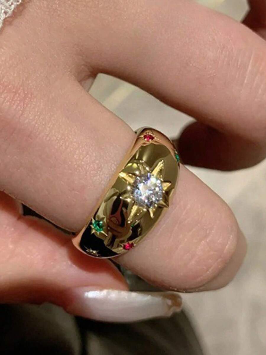 1 件巴洛克风格奢华锆石星形圆顶戒指，适合女士 - 金色 - 查看 1