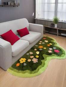 Faux Wool Moss Green Floral Carpet, Soft Plush Area Rug For Girl's Bedroom, Nordic Style Living Room Carpet, Asymmetrical Shaped Anti-Slip Floor Mat - 彩色 - 查看 3
