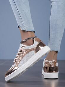 Spring/Summer New Round Toe Lace-Up Rose Gold Shiny Sneakers For Women, Academic Style Breathable Athletic Sports Shoes, Comfortable Fashion Student - Rose Gold - View 5
