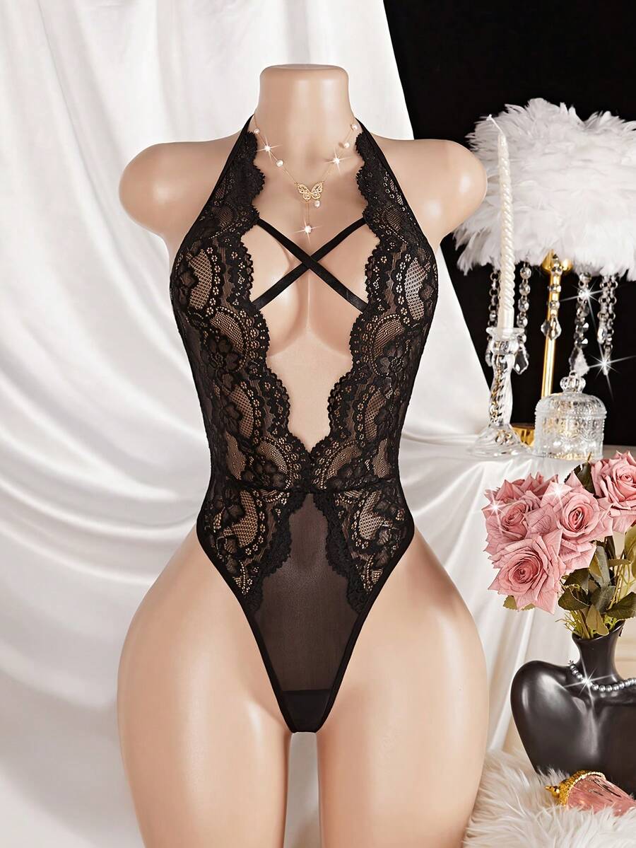情人节惊喜礼物，新款性感蕾丝内衣，露背蕾丝连体裤，透视网纱镂空泰迪性感女士内衣 - 黑色 - 查看 1