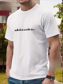 Camiseta de manga corta con estampado de árboles para hombre, 100 % algodón, 220 g, jersey básico, cuello redondo, corte regular, largo regular - Blanco - Ver 1
