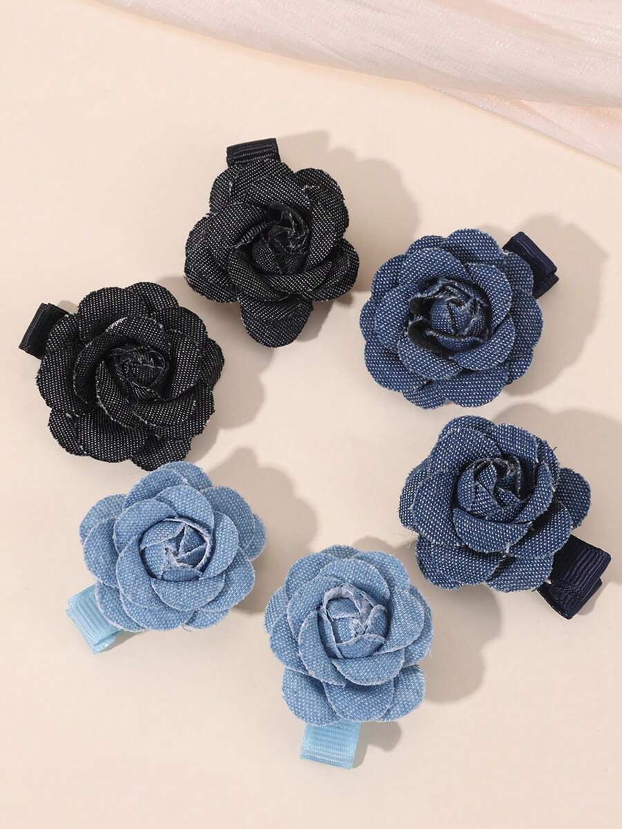 6pcs Cowboy Camellia Hair Clips For Girls Exquisite Flower Hairpins For Daily Wear - Multicolor - View 1