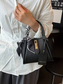 1pc Fashionable Minimalist Buckle PU Tote Bag With Scarf, Suitable For Daily Use - Black - View 6