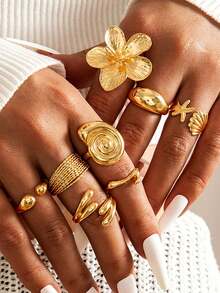 8pcs/Set Gold-Plated Summer Large Flower Shell & Seashell Beach Rings Set, Asymmetric Rings, Gift For Women & Girls - Multicolor - View 2