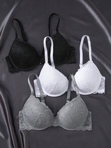 3 Stück mehrfarbige sexy Spitzen-BHs im Pfirsich-Mädchen-Stil, bequeme Unterbügel-Push-up-BHs für Frauen - Verschiedenfarbig - Übersicht 4