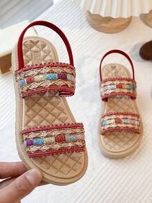 1双适合3-12岁女孩的串珠凉鞋 | 闪亮的彩色设计和红色绑带 | 柔软舒适的夏季儿童鞋，时尚活泼的休闲鞋 | 户外海滩度假派对