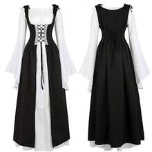 欧美方领系带腰部中世纪文艺复兴复古连衣裙，女士派对/服装长袍万圣节 - 黑色 - 查看 5
