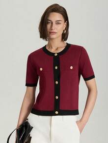 Color Block Button Down Short Sleeve Casual Knitted Cardigan - Multicolor - View 1
