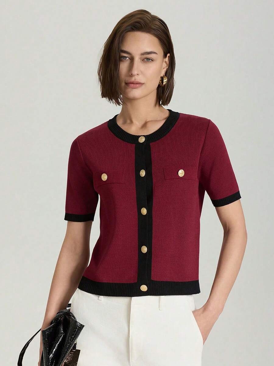Color Block Button Down Short Sleeve Casual Knitted Cardigan - Multicolor - View 1