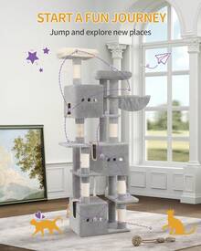 HEXCELEN 76" Cat Tree, Large Cat Tower For Indoor Cats, Cats House Furniture With 2 Platforms, 3 Condos, 7 Scratching Posts, 1 Basket, Pompoms, Washable Cushion, Cat Necessities, Cat Toys, Light Grey - 淺灰色 - 查看 5