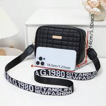 New Fashion Solid Color Plaid Embroidered Camera Bag, Versatile Letter Strap With Metal Decor Crossbody Bag, Minimalist Style For Outdoor Travel, High-Quality Shoulder Bag - Black - View 4
