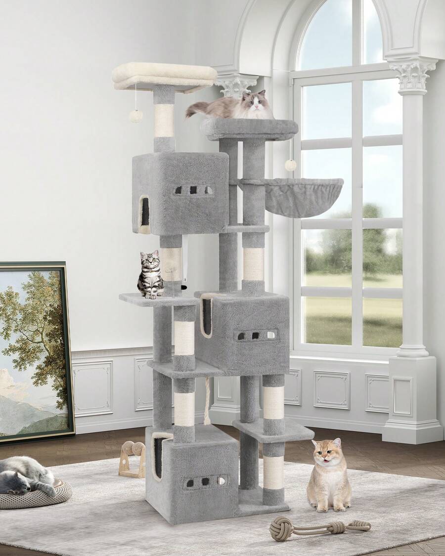 HEXCELEN 76" Cat Tree, Large Cat Tower For Indoor Cats, Cats House Furniture With 2 Platforms, 3 Condos, 7 Scratching Posts, 1 Basket, Pompoms, Washable Cushion, Cat Necessities, Cat Toys, Light Grey - Màu Xám nhạt - Xem 1