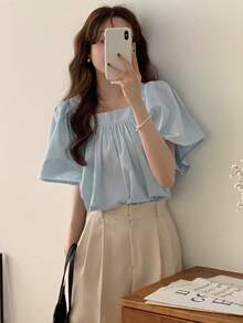 Summer Puff Sleeve Square Neck Casual Short Sleeve Blouse - Blue - View 4