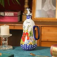 1 pieza Dispensador de aceite de cerámica, bomba de aceite de oliva de cerámica pintada a mano y asa, botella de aceite de cocina, patrón floral elegante, gran capacidad, accesorio de cocina, adecuado para la decoración de la cocina del hogar - Multicolor - Ver 8