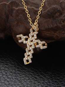 1pc Men Copper Inlaid Cubic Zirconia Cross Pendant Necklace, Versatile Daily Accessory - Yellow Gold - View 4