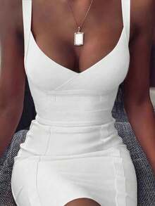 Summer Elegant Spaghetti Strap V Neck Short Bodycon Dress Women Ribbed Bandage Dress Sexy White Night Out Cocktail Party Dress Clothes - White - View 1